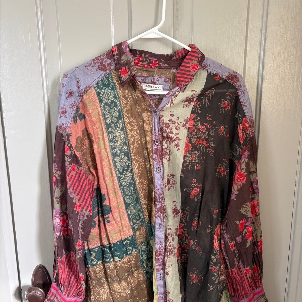We The Free Floral Patchwork Shirt - Red, Brown, Green